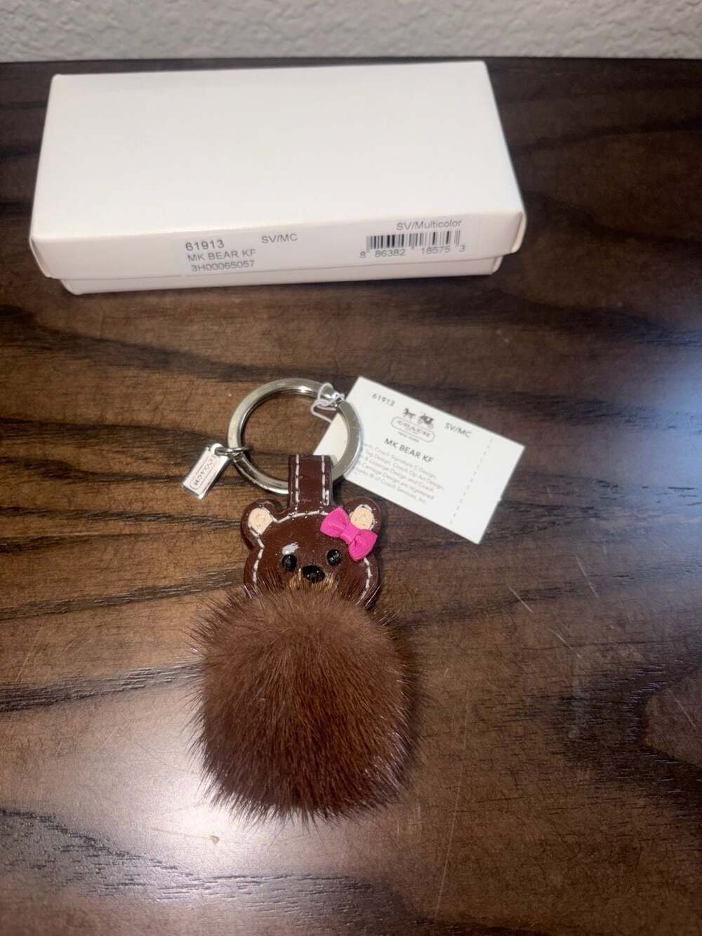 Coach MK Bear Keychain Charm with Pom Pom and Pink Bow